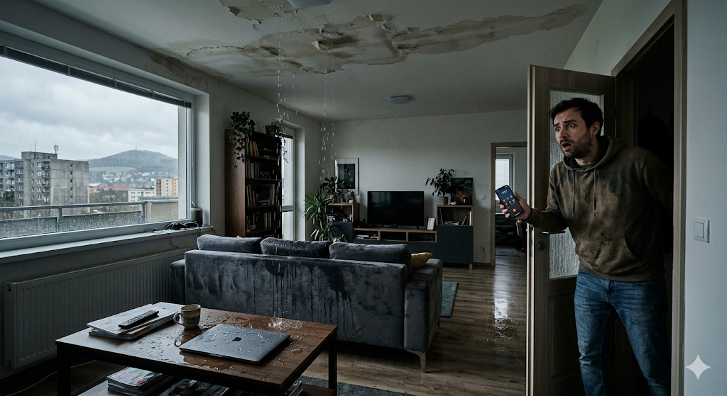 Reálná škoda v bytě a nefunkční pojištění domácnosti Bílina, které nekryje vodovodní škody.